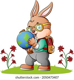 The clever rabbit is holding a globe of illustration