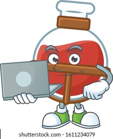 A clever red potion mascot character working with laptop