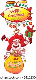 Clever Santa Claus carrying his presents bag and holding a gift with the tip of his hand while hanging from a zeppelin, thanks to a claw grabbing the back of his red suit, and laughing animatedly
