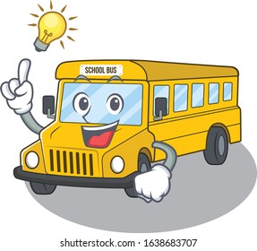 a clever school bus cartoon character style have an idea gesture