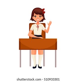 Clever school girl sitting at the desk and raising hand to answer, cartoon vector illustration isolated on white background. Pretty girl in school uniform sitting at the desk and willing to answer