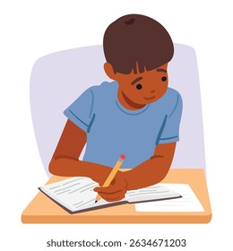 Clever schoolboy child cartoon character peeking at cheat sheets in class during examination process scene. Back to school, smart pupils and problem of cheating on lesson vector illustration