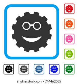 Clever Smiley Gear icon. Flat gray iconic symbol inside a blue rounded square. Black, gray, green, blue, red, orange color versions of Clever Smiley Gear vector.