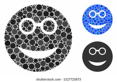Clever smiley mosaic of filled circles in different sizes and shades, based on clever smiley icon. Vector filled circles are composed into blue collage.