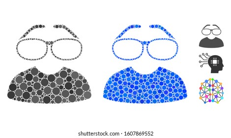 Clever spectacles mosaic of filled circles in variable sizes and color tones, based on clever spectacles icon. Vector filled circles are combined into blue collage.