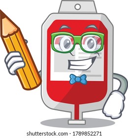 A clever student blood plastic bag cartoon character study at home