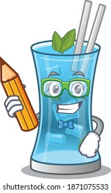 A clever student blue hawai cocktail cartoon character study at home