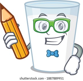 A clever student glass of milk cartoon character study at home. Vector illustration