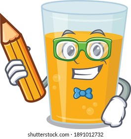 A clever student glass of orange juice cartoon character study at home. Vector illustration