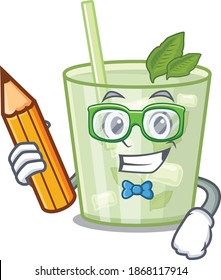 A clever student mojito lemon cocktail cartoon character study at home