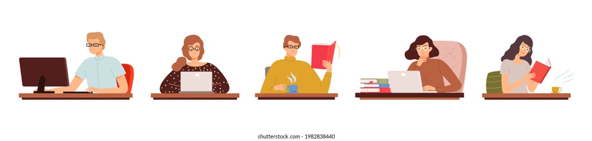 Clever student. People reading, working computer. Men women work in glasses. Office managers, teachers vector characters