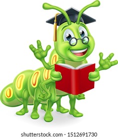 A clever teacher or professor bookworm caterpillar worm cartoon character education mascot wearing graduation mortar board hat and glasses and reading a book