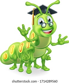 A clever teacher or professor bookworm caterpillar worm cartoon character education mascot wearing graduation mortar board hat and glasses