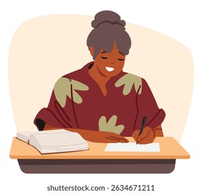 Clever teenage girl student cartoon character showcasing creativity during preparation for exam writing cheat of sheets in class sitting at desk table vector illustration. Education in university