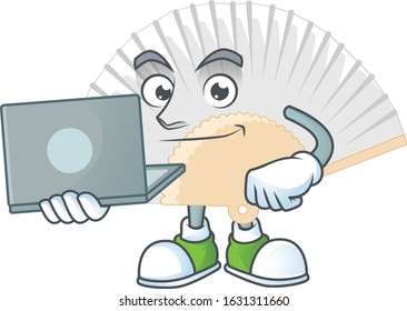 A clever white chinese folding fan mascot character working with laptop