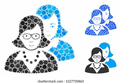 Clever women composition of spheric dots in different sizes and color tones, based on clever women icon. Vector round dots are combined into blue composition.