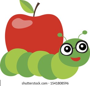 Clever worm with red apple vector file. School illustration.