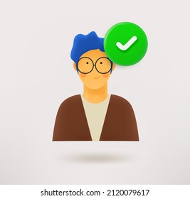 Icono de hombre joven inteligente con marca de verificación. icono de vector 3d