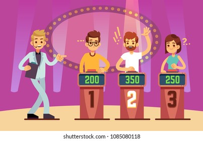 Clever young people playing quiz game show. Cartoon vector illustration. Tv competition people intelligent and educational