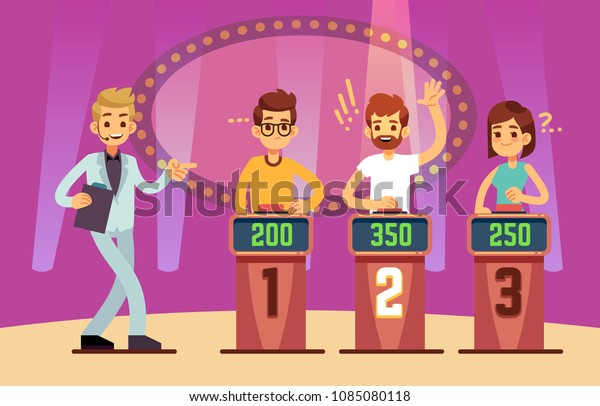 Clever\
young people playing quiz game show. Cartoon vector illustration.\
Tv competition people intelligent and\
educational