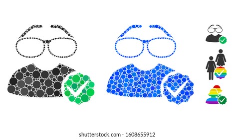 For clevers mosaic of round dots in various sizes and color tints, based on for clevers icon. Vector dots are organized into blue mosaic. Dotted for clevers icon in usual and blue versions.