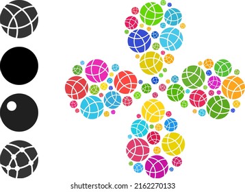 Reinigen Sie das Ball Symbol hellen curl abstrakte Blumenform. Elementblume mit 4 Blütenblättern kombiniert aus zufälligen Kugeln. Vektorblumensymbol-Collage im flachen Stil.