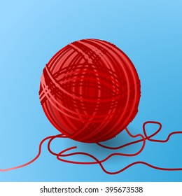 Clew of red yarn for knitting. Isolated elements on blue background.