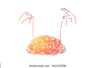 Clew untangling, hands holding thread ends, unravel tangle, messy mind, confusion, psychotherapy metaphor. Brainstorming, problem solving, psychology concept sketch. Hand drawn vector illustration