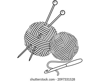 Clews, knitting needles and a crochet hook - vector linear illustration for coloring. Outline. Yarn for knitting, coiled into balls, crochet hook and knitting needles. Knitting and handmade svg