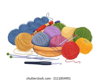 Clews and skeins of thread in basket, knitting needles and hook. Tools female hobby knitwork, handicraft, hand-knitting and crocheting. Vector illustration.