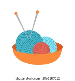 Clews, skeins of wool. Balls of yarn with knitting needles. Vector illustration isolated on white background