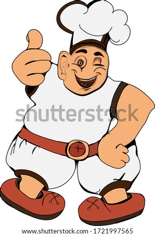 A cliche of the type of a cook, standing with his arms akimbo and showing the like class by hand.