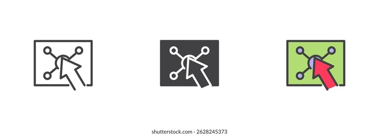 Click action different style icon set. Line, glyph and filled outline colorful version, outline and filled vector sign. User interaction symbol, logo illustration. Vector graphics