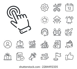 Click action sign. Salaryman, gender equality and alert bell outline icons. Hand cursor line icon. Finger pointer symbol. Cursor line sign. Spy or profile placeholder icon. Vector
