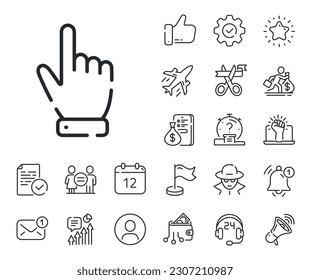 Click action sign. Salaryman, gender equality and alert bell outline icons. Hand cursor line icon. Finger pointer symbol. Cursor line sign. Spy or profile placeholder icon. Vector