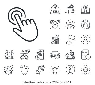 Click action sign. Salaryman, gender equality and alert bell outline icons. Hand cursor line icon. Finger pointer symbol. Cursor line sign. Spy or profile placeholder icon. Vector