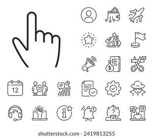 Click action sign. Salaryman, gender equality and alert bell outline icons. Hand cursor line icon. Finger pointer symbol. Cursor line sign. Spy or profile placeholder icon. Vector