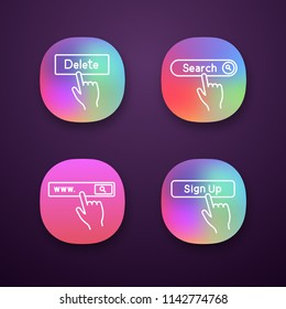 Click app icons set. Apps buttons. Search bar, delete, sign up. UI/UX user interface. Web or mobile applications. Vector isolated illustrations