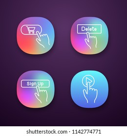 Click app icons set. Buy, delete, sign up, play. UI/UX user interface. Web or mobile applications. Vector isolated illustrations