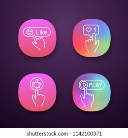 Click app icons set. Likes counter, play, like. UI/UX user interface. Web or mobile applications. Vector isolated illustrations