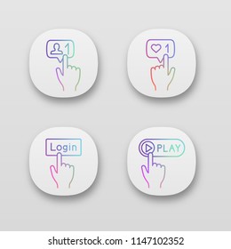 Click app icons set. New follower, likes counter, login, play. UI/UX user interface. Web or mobile applications. Vector isolated illustrations