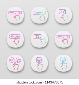 Click app icons set. Search bar, sign up, message, like, buy, accept or decline, start, play. UI/UX user interface. Web or mobile applications. Vector isolated illustrations