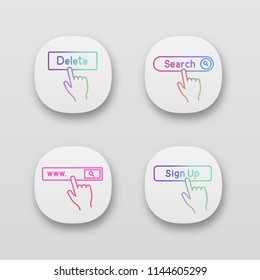 Click app icons set. Search bar, delete, sign up. UI/UX user interface. Web or mobile applications. Vector isolated illustrations