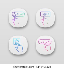 Click app icons set. UI/UX user interface. Play, login, add to favorite. Web or mobile applications. Vector isolated illustrations
