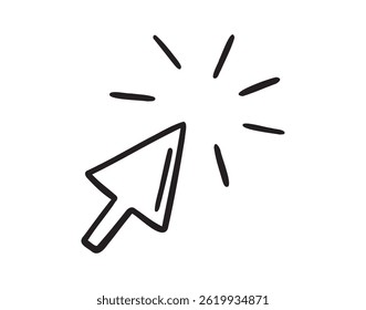 Hacer clic flecha dibujado a mano doodle icono. Hacer clic de cursor de esquema Clipart de dibujo de línea de flecha. Ilustración vectorial