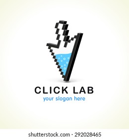 Click arrow pixel sign. Click lab vector icon. Navigate pointer filled by water, computer  or smartphone settings symbol. 3D style logo for web design business.