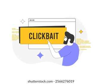 Click bait marketing concept with man clicking on exaggerated text. Digital advertising tactics, attention-grabbing clickbait headlines, user engagement, online viral click bait content strategies