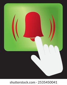 Click bell icon, Forefinger, Pointer cursor, Turn on button, Hand mouse cursor, Notification sign, Bell icon, Alert sign, Signal symbol, Alarm sign, Reminder icon, Ringtone sign, vector 
