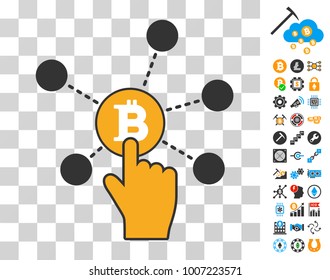 Click Bitcoin Node icon with bonus bitcoin mining and blockchain symbols. Vector illustration style is flat iconic symbols. Designed for cryptocurrency software.