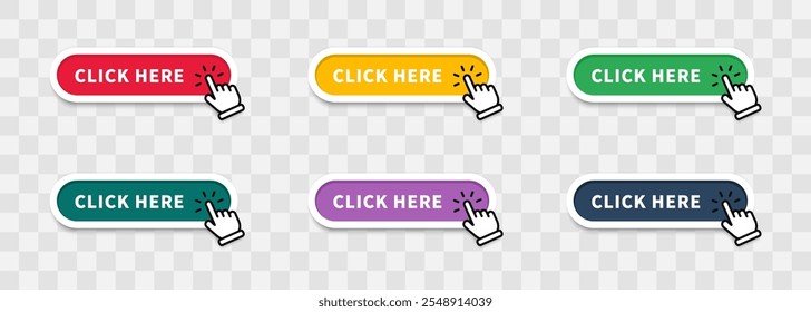 Click button with arrow pointer clicking icon. Set of action button, hand cursor. Web button with action of arrow pointer. Click here, UI button concept. Vector illustration